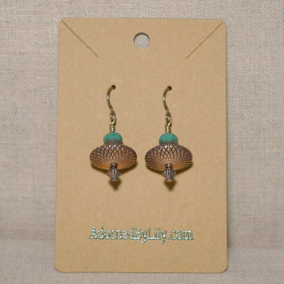 Hand Crafted Handmade Earrings Teal & Copper UFO Saucer Bead Earrings - Picture 2 of 5
